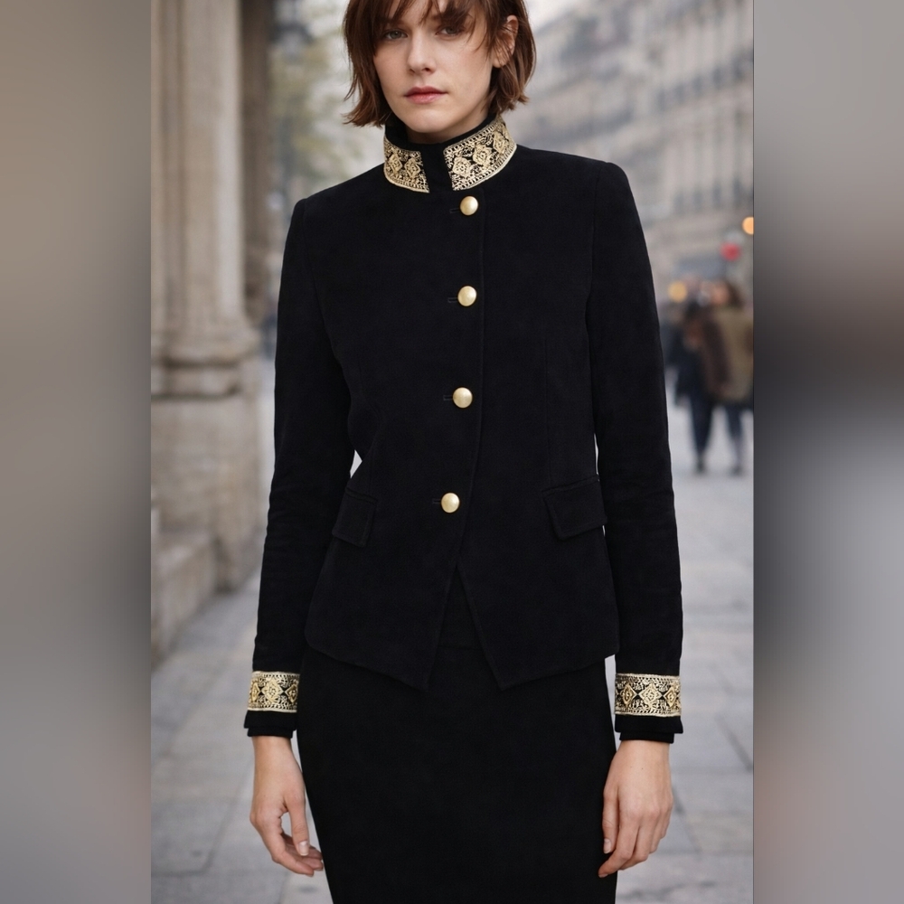 ZARA Basic Black Embroidered Military Jacket – Gold Trim, Size L